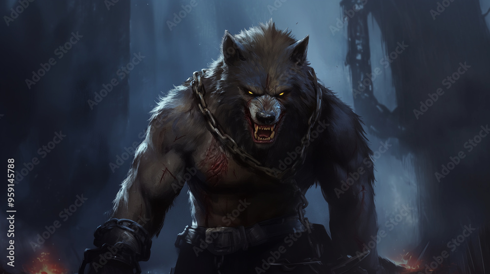Fototapeta premium A monstrous werewolf with chains around its neck and battle scars, character design, concept art, video games