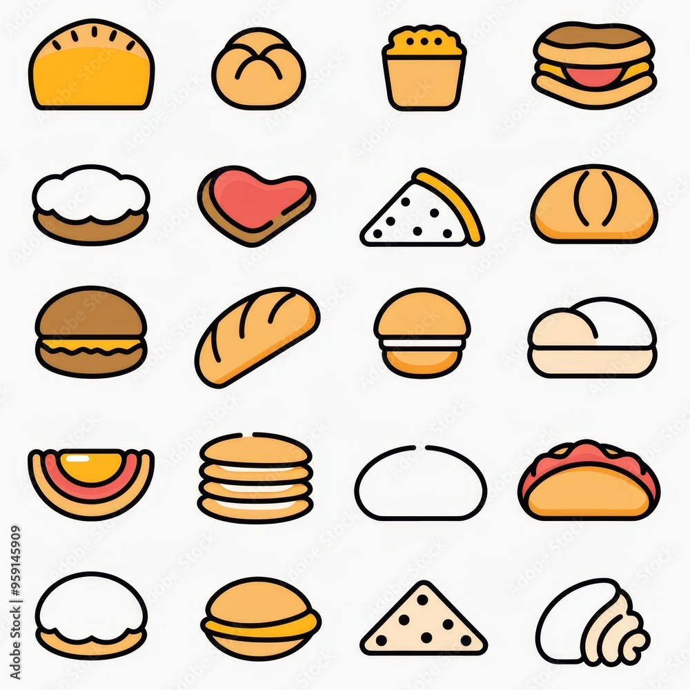 Bread loaves icon, bakery products set, flat minimal pastry collection, baked buns, baguettes symbols Bread loaves icon, bakery products set, flat minimal pastry collection, baked buns, baguettes symbols