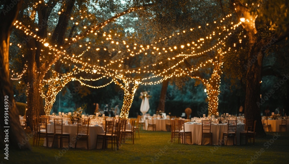 Romantic outdoor evening wedding with string lights and elegant table settings Romantic outdoor evening wedding with string lights and elegant table settings
