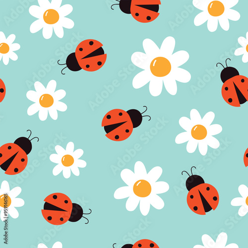 Cute seamless pattern with ladybug and daisy. Background for kids. Vector illustration. It can be used for wallpapers, wrapping, cards, patterns for clothes and other.