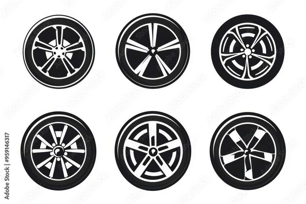 Car wheels icon, tire silhouettes, rim symbol, auto wheels sign, car tyre pictograms, minimal