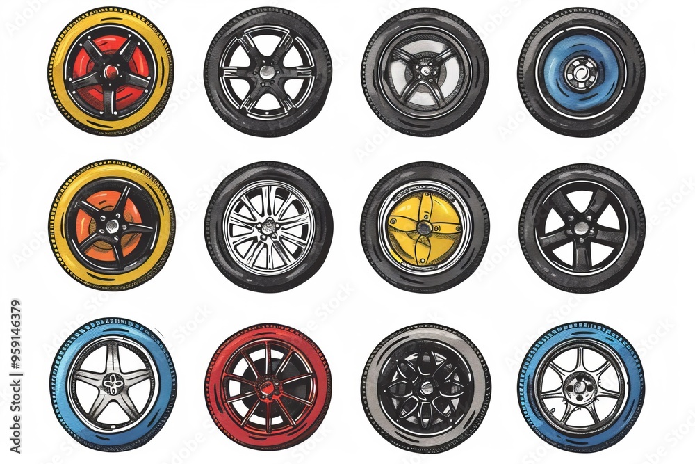 Car wheels icon, tire silhouettes, rim symbol, doodle sketched auto wheels sign, car tyre pictograms Car wheels icon, tire silhouettes, rim symbol, doodle sketched auto wheels sign, car tyre pictograms
