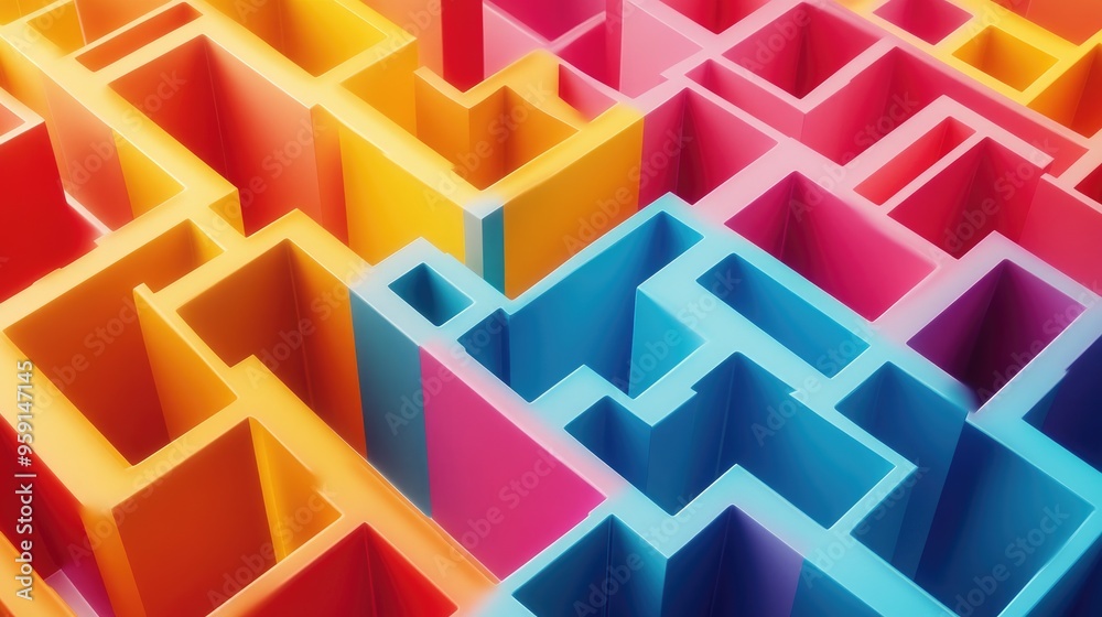 3D rendering of a folded paper maze in vibrant colors, set against a white background, creating a dynamic and abstract visual 3D rendering of a folded paper maze in vibrant colors, set against a white background, creating a dynamic and abstract visual