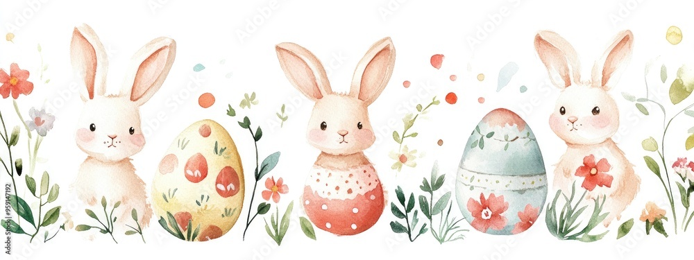 Charming Watercolor Illustration of Easter Bunnies Surrounded by Colorful Eggs and Spring Flowers Charming Watercolor Illustration of Easter Bunnies Surrounded by Colorful Eggs and Spring Flowers