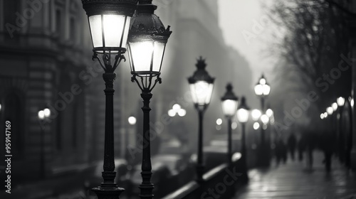 Foggy City Street with Vintage Lampposts