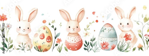 Charming Watercolor Illustration of Easter Bunnies Surrounded by Colorful Eggs and Spring Flowers