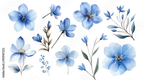 Beautiful Collection of Blue Watercolor Flowers for Floral Designs and Botanical Art