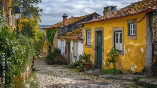 Fototapeta Naklejka Na Ścianę i Meble -  A traditional cobblestone street in a quaint small town with old buildings and rustic charm