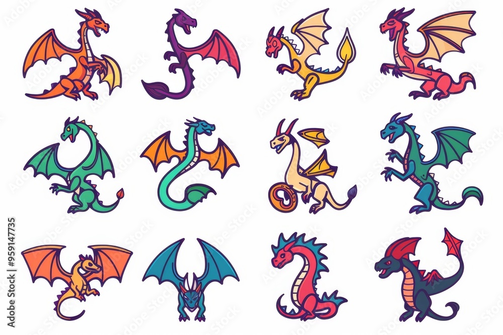 Dragons icon silhouette, dino, wyvern symbols, dinosaurs isolated, mythical monster, minimal flat tattoo Dragons icon silhouette, dino, wyvern symbols, dinosaurs isolated, mythical monster, minimal flat tattoo