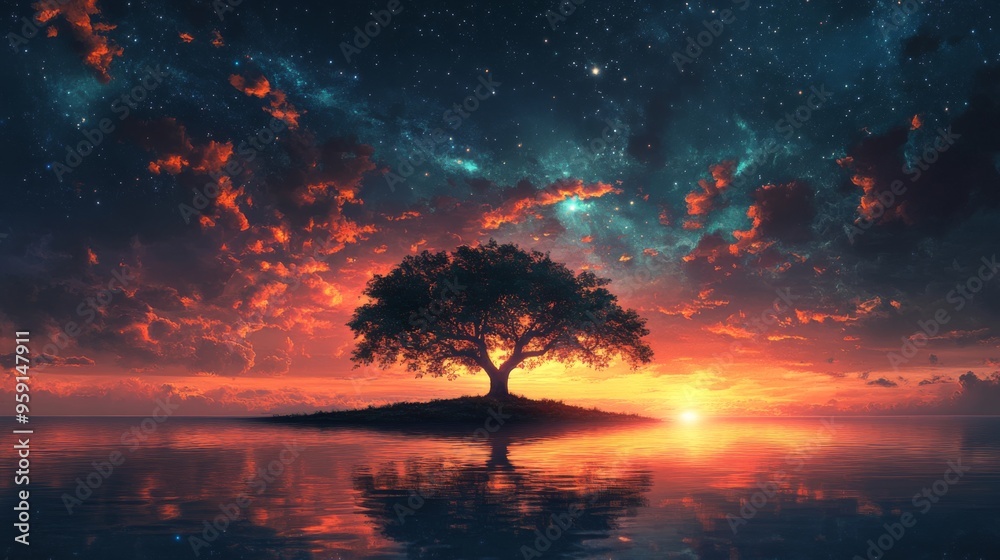 Lone Tree at Sunset on Island with Starry Sky Lone Tree at Sunset on Island with Starry Sky