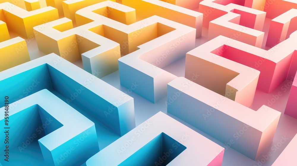 Vibrant abstract folded paper maze in dynamic colors, rendered in 3D on a white background, for a modern visual design Vibrant abstract folded paper maze in dynamic colors, rendered in 3D on a white background, for a modern visual design