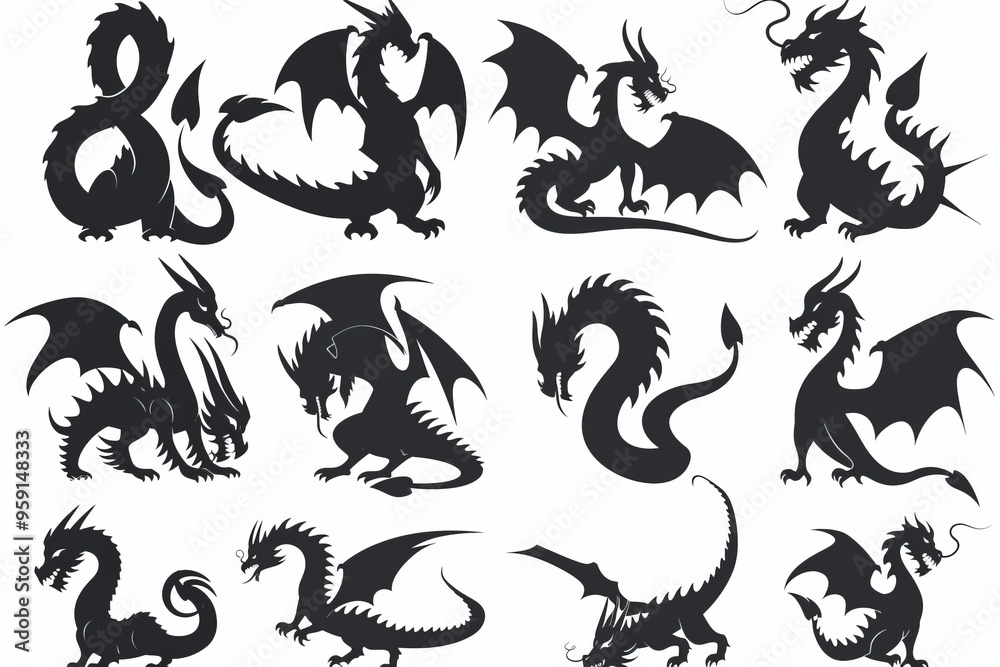 Obraz premium Dragons icon silhouette, dino, wyvern symbols, dinosaurs isolated, mythical monster, minimal flat tattoo
