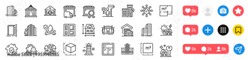 Agent, Window and House dimension line icons pack. Social media icons. Open door, Entrance, Painter web icon. Loan house, Hospital building, Home facility pictogram. Vector