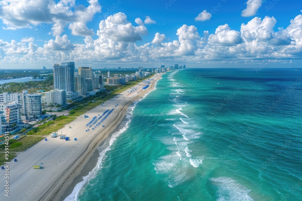 Fototapeta premium Aerial view of a beach with ocean waves in background, suitable for travel or coastal theme illustrations