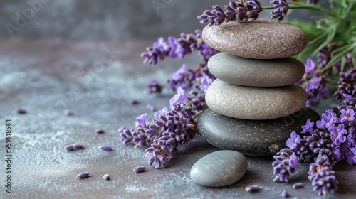 A stack of smooth stones surrounded by fragrant lavender flowers on a textured surface for a calming atmosphere