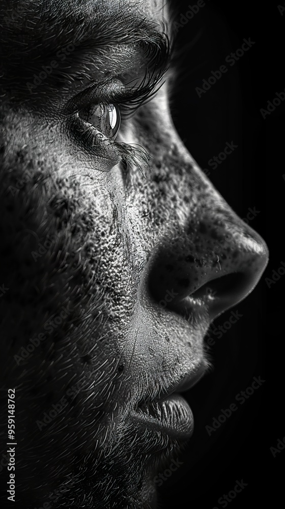 A close-up profile shot of a man with freckles, showing his determination and strength. A close-up profile shot of a man with freckles, showing his determination and strength.
