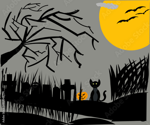 Illustration design of a full moon night scene with bats flying over a graveyard with trees and a cat with burning eyes.