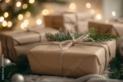 Rustic holiday gift boxes with evergreen branches and warm bokeh lights