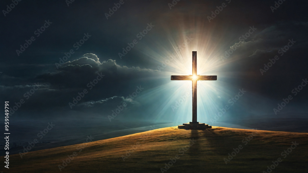 Naklejka premium Cross lighting up the night on top of a mountain