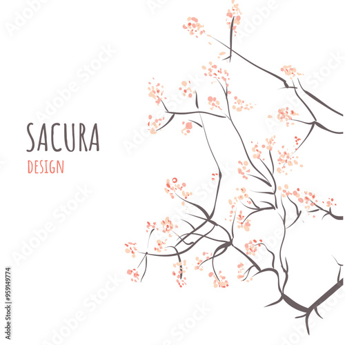 Branch of blooming japan sakura. Cherry blossom design. Elegant vector floral ornament. For card and design.