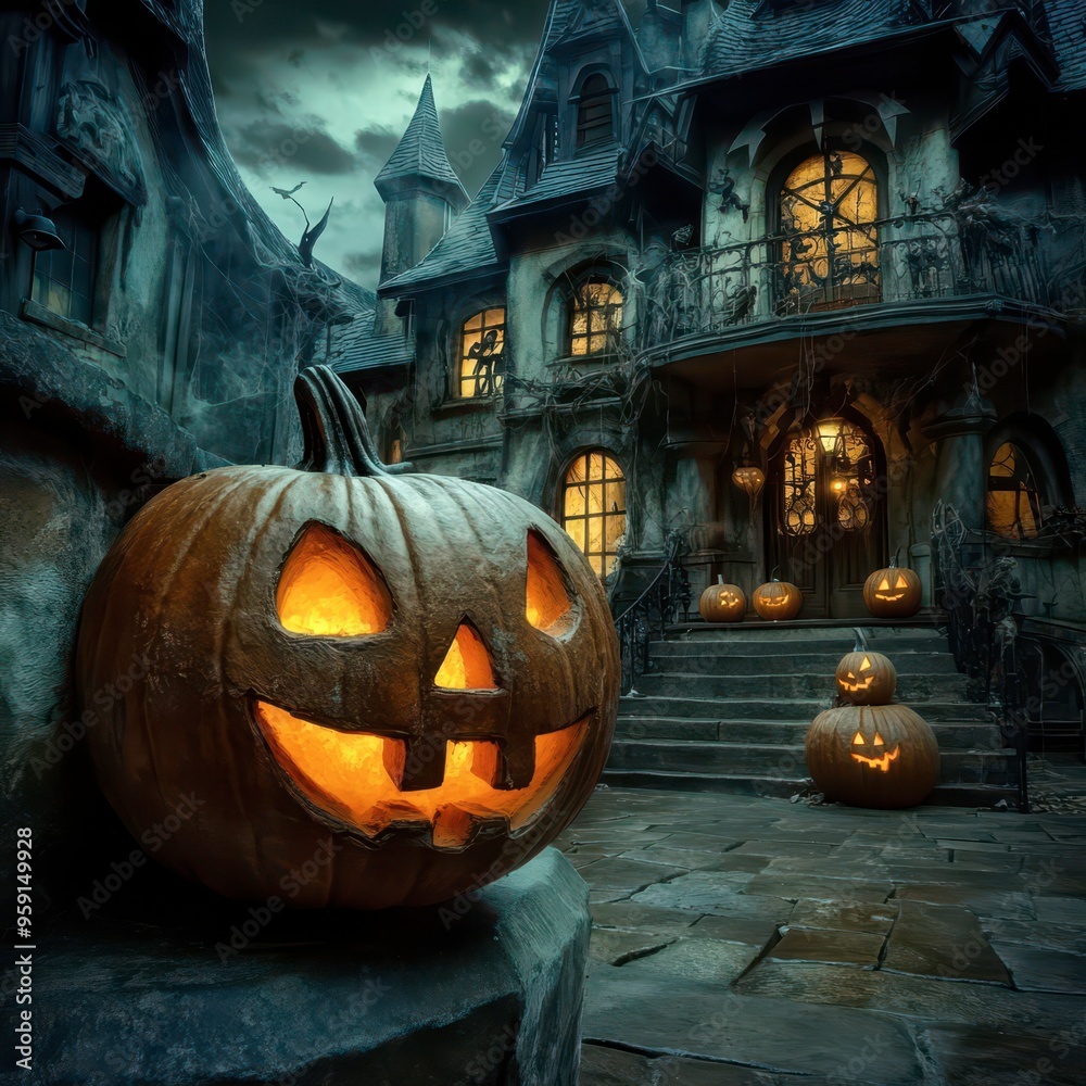 Obraz premium Stunning Halloween night at a spooky mansion with glowing pumpkins
