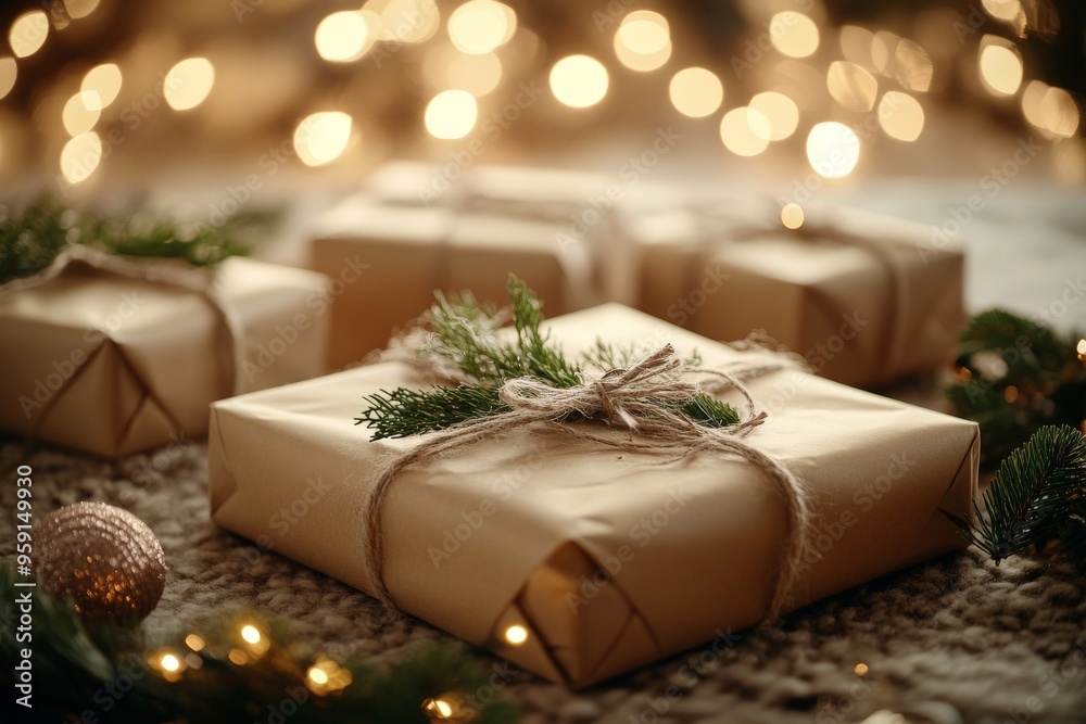 Rustic holiday gift wrapping with twine and evergreen decor set against warm fairy lights Rustic holiday gift wrapping with twine and evergreen decor set against warm fairy lights