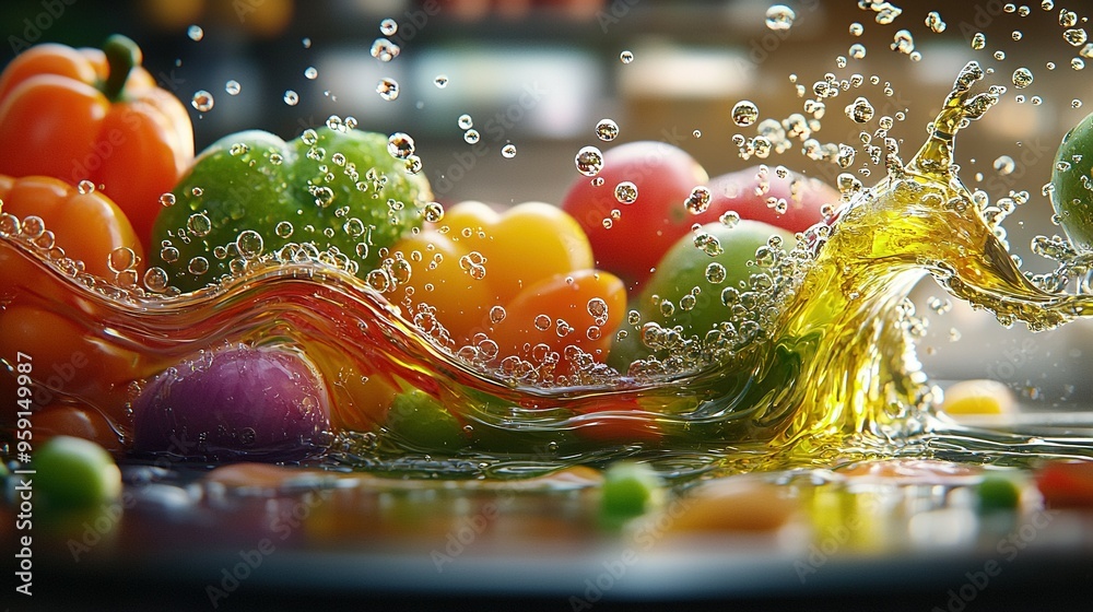 A close-up of various fruits and veggies with water droplets cascading from top to bottom A close-up of various fruits and veggies with water droplets cascading from top to bottom