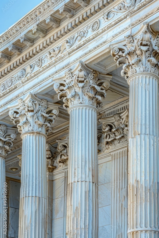 Obraz premium A close-up shot of a building featuring ornate columns and a clock, perfect for use in architectural or design-related contexts