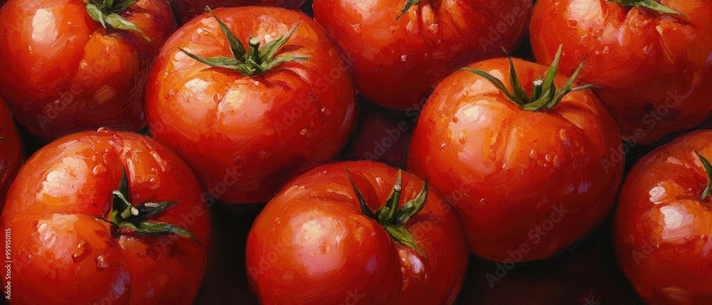 Close up oil painting featuring vibrant red ripe tomatoes creating a rich and detailed background Close up oil painting featuring vibrant red ripe tomatoes creating a rich and detailed background