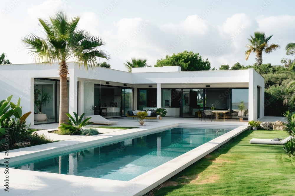 A serene outdoor setting featuring a pool surrounded by lush greenery A serene outdoor setting featuring a pool surrounded by lush greenery