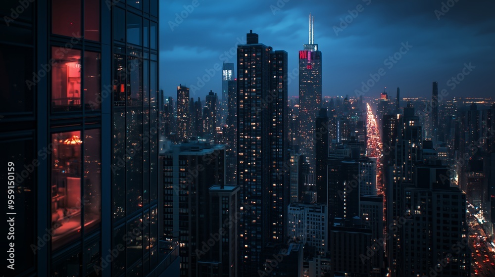 A nighttime view of Chicago's skyline featuring illuminated skyscrapers and a bustling street under a moody sky A nighttime view of Chicago's skyline featuring illuminated skyscrapers and a bustling street under a moody sky