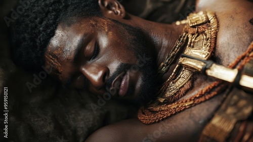 A person adorned in intricate and beautiful African-inspired gold jewelry, highlighting the richness and cultural significance of the adornments. photo