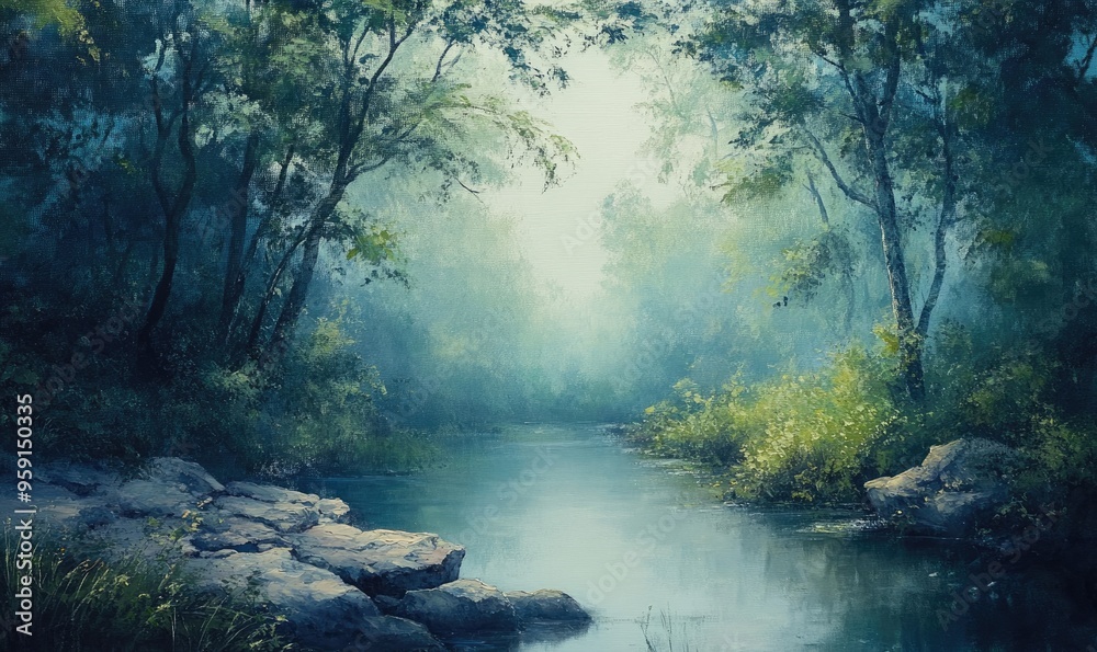 Oil painting depicting a serene atmosphere with fresh air and natural surroundings Oil painting depicting a serene atmosphere with fresh air and natural surroundings