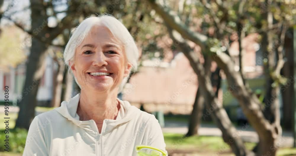 Face, fitness and senior woman at park with water for exercise, health and wellness. Portrait, smile and person with hydration bottle for natural liquid or drink for training and workout in Ireland