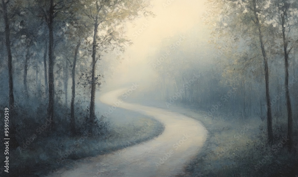 Oil painting depicting a winding road surrounded by trees on a misty morning Oil painting depicting a winding road surrounded by trees on a misty morning