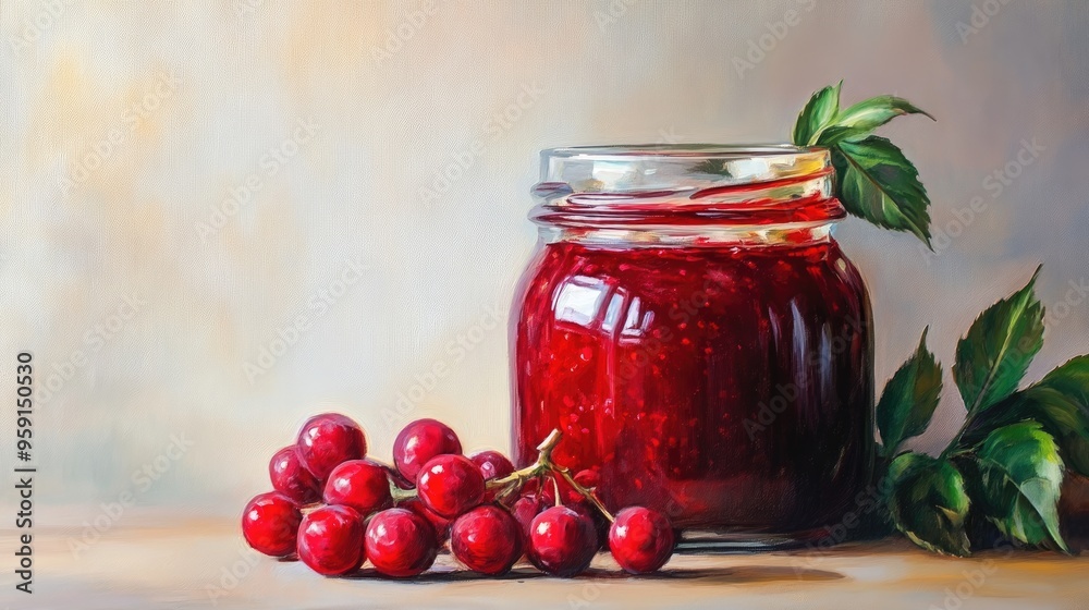 Oil painting of tasty rowan jam in a glass jar placed on a light wooden surface showcasing the jam and jar together Oil painting of tasty rowan jam in a glass jar placed on a light wooden surface showcasing the jam and jar together