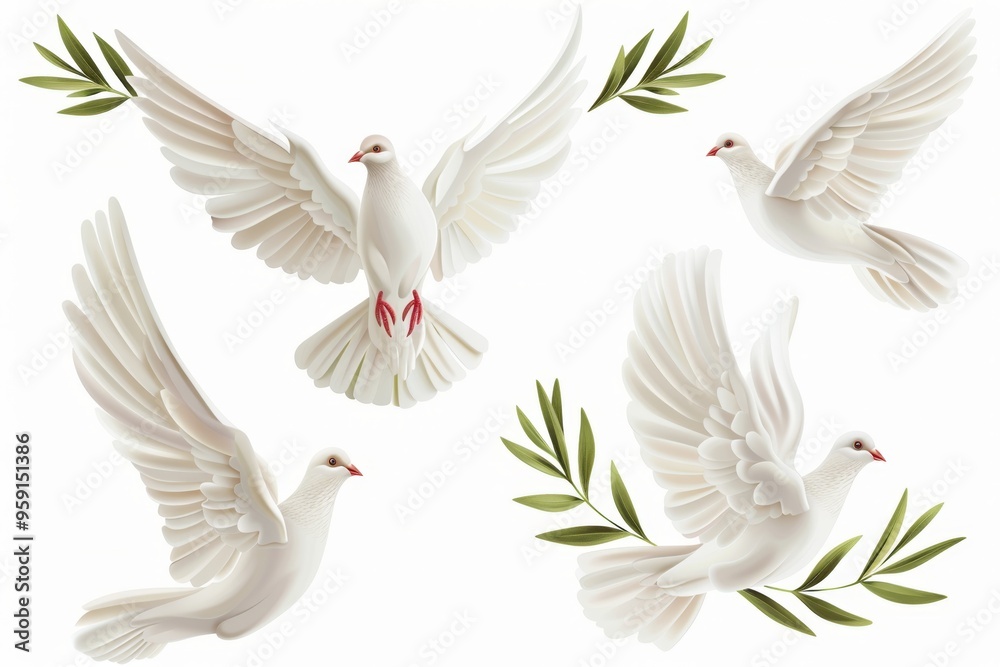 Peace dove icon, pigeons, twigs 3d realistic collection. Flying birds silhouettes on white Peace dove icon, pigeons, twigs 3d realistic collection. Flying birds silhouettes on white