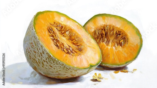 Oil painting depicting a winter melon variety isolated on a white background showcasing this unique food item