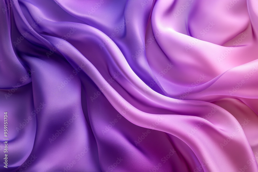 Obraz premium A dramatic abstract background featuring 3D silk fabric waves in gradient tones of rich purple to light lilac. The fabric adds a luxurious, striking quality to the scene.