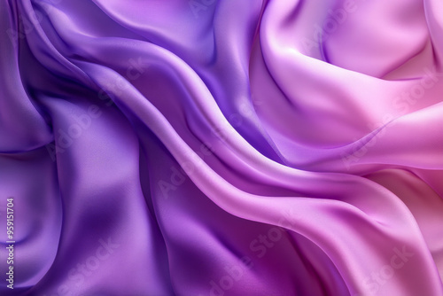 A dramatic abstract background featuring 3D silk fabric waves in gradient tones of rich purple to light lilac. The fabric adds a luxurious, striking quality to the scene.