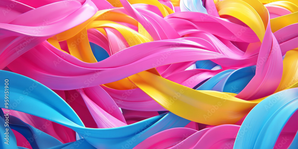A high-energy 3D scene featuring vibrant twisted ribbons in neon shades of pink, yellow, and blue. The ribbons flow dynamically, creating a lively, futuristic vibe. A high-energy 3D scene featuring vibrant twisted ribbons in neon shades of pink, yellow, and blue. The ribbons flow dynamically, creating a lively, futuristic vibe.