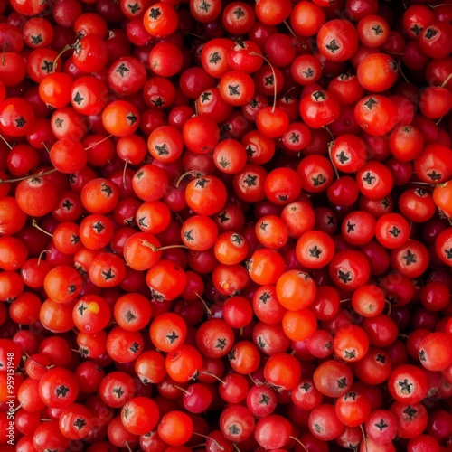 Rowanberry berries texture background, Sorbus aucuparia fruits pattern, many rowan berries banner