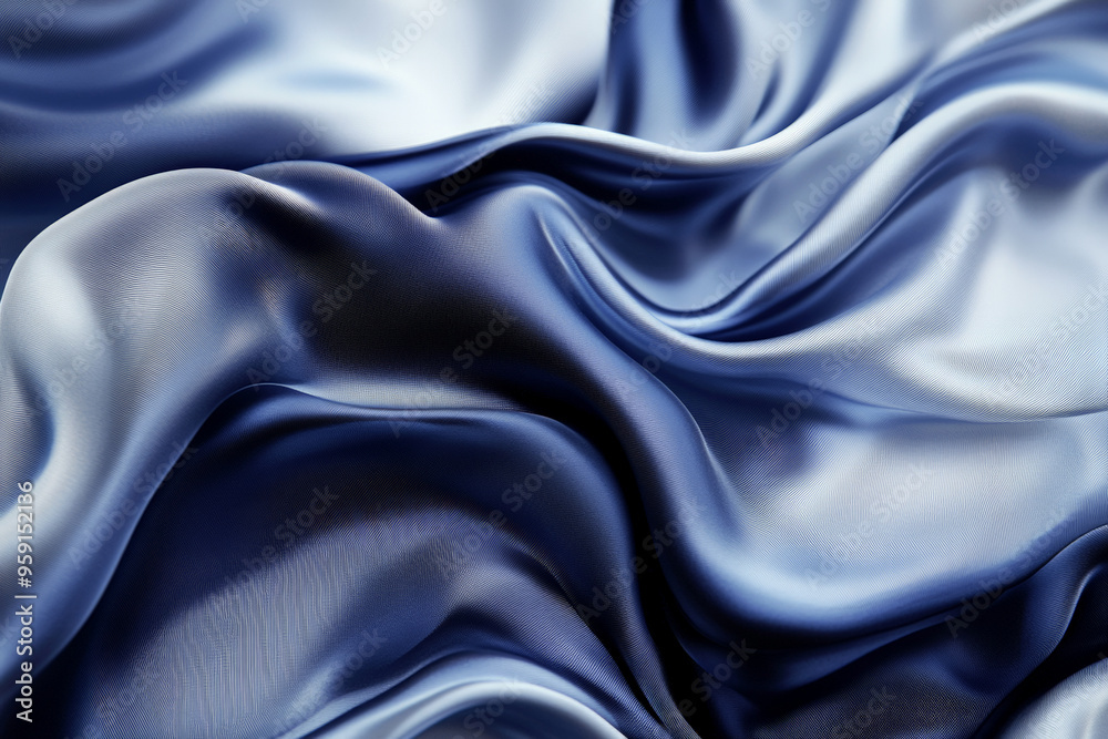 Fototapeta premium A luxurious abstract background featuring flowing 3D silk fabric in gradient shades of navy blue to silver. The fabricâ€™s waves are highlighted with a sophisticated sheen.