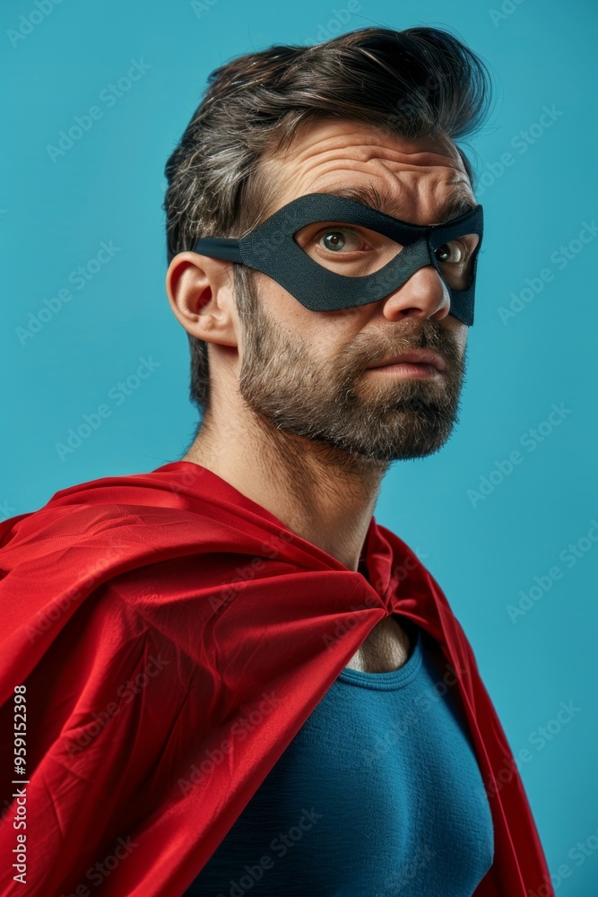 Superhero man wearing super hero cape and mask, brave manager, leadership, success concept Superhero man wearing super hero cape and mask, brave manager, leadership, success concept
