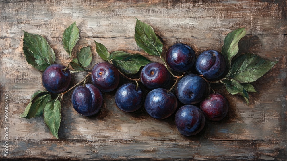 Oil painting depicting fresh plums on a rustic kitchen table from a top view perspective Oil painting depicting fresh plums on a rustic kitchen table from a top view perspective