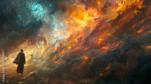 Wallpaper Mural A lone figure walks towards a fiery and stormy sky, a dramatic contrast of elements. Torontodigital.ca