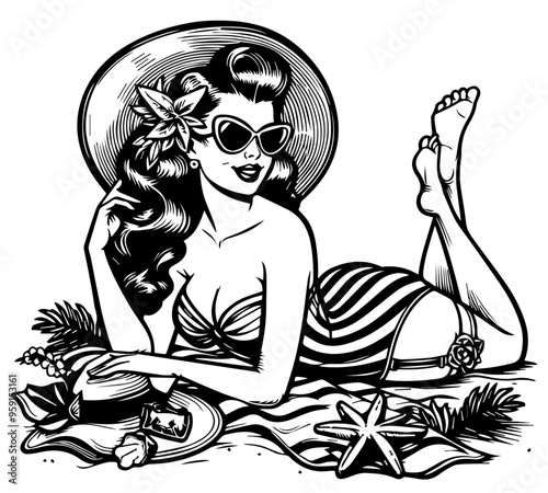 pin up beach girl posing in a retro line art vector illustration