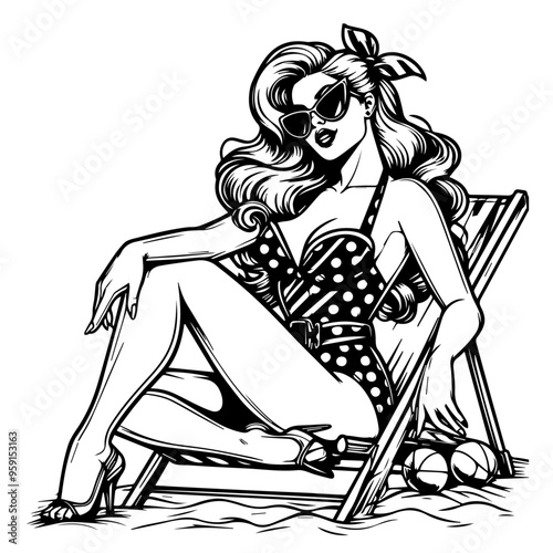 vintage pin up girl relaxing on a beach in line art style black and white vector