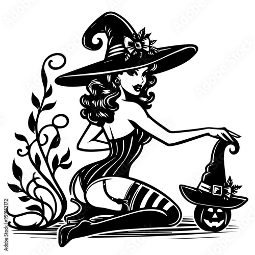 vintage pin up girl dressed as a witch with hat and halloween pumpkin vector graphic