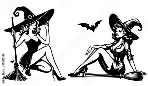 retro pin up witch girl illustration in halloween outfit black and white vector graphic